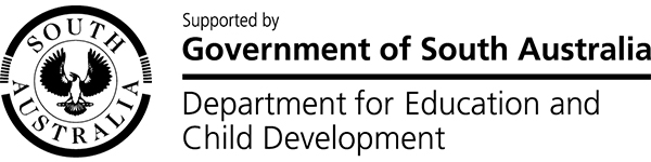 A logo featuring the crest of South Australia, which includes a black and white depiction of an emu and a stork, along with the text "Supported by Government of South Australia" and "Department for Education and Child Development." The overall design is simple and focuses on official support and educational initiatives.