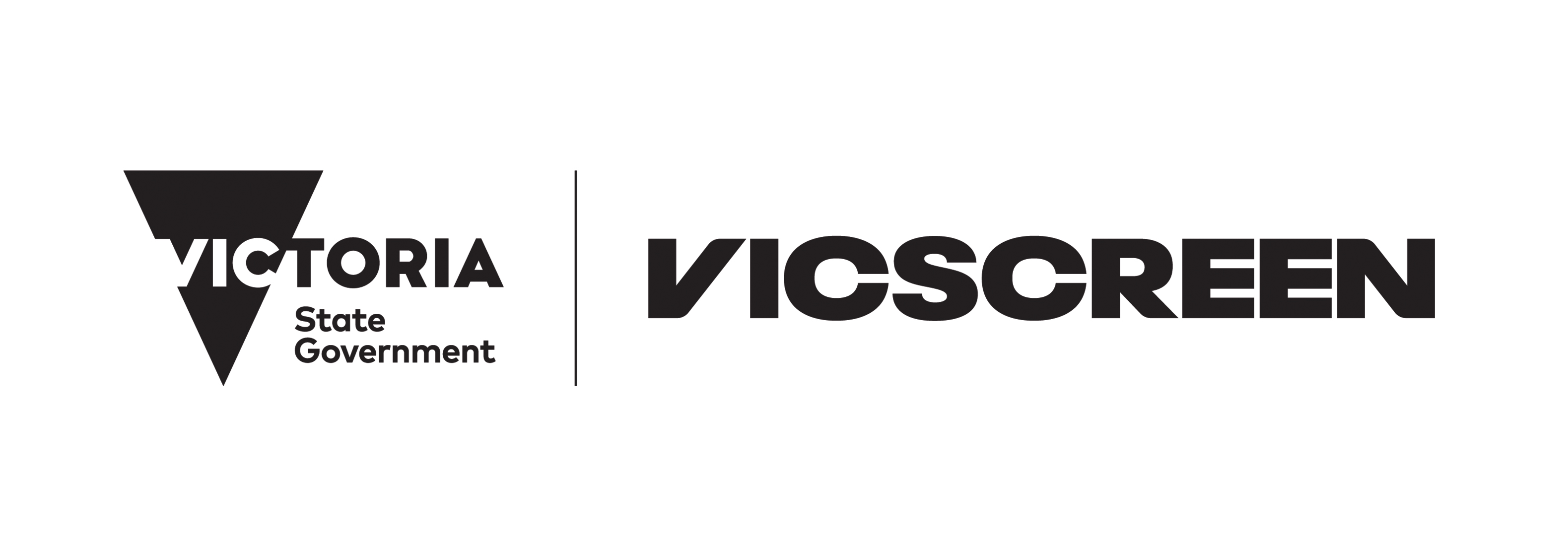 A black triangular logo with the word "VICTORIA" in white and "State Government" below it, both positioned to the left of the logo. To the right, the word "VICSCREEN" is displayed in bold, black capital letters. The design is simple and modern, emphasizing the partnership between the state government and the screen industry.