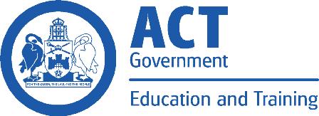 A circular logo featuring stylized images of two birds and a building, with the text "ACT Government" and "Education and Training" displayed prominently. The logo is predominantly in shades of blue.