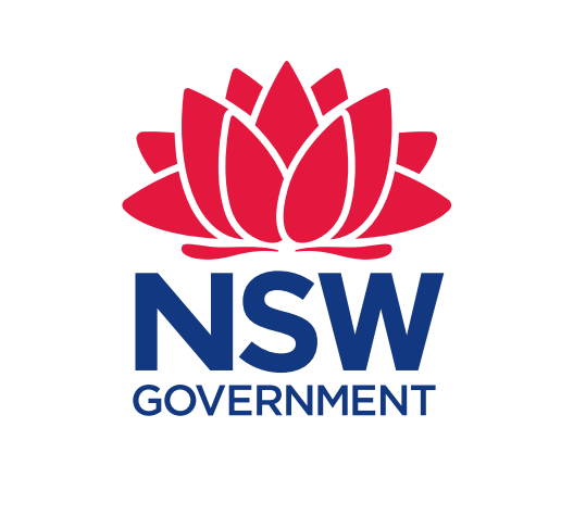 A stylized red lotus flower sits above the text "NSW GOVERNMENT" in bold blue letters. The design reflects a governmental branding associated with New South Wales.