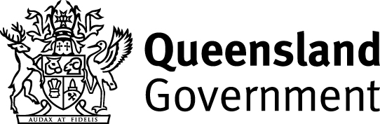 The image features the coat of arms of Queensland, which includes a deer and a bird, symbolizing the state's wildlife, along with a crown at the top. To the right, the text reads "Queensland Government" in a bold font.