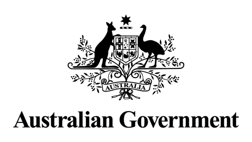 The emblem features a kangaroo and an emu on either side of a shield, adorned with floral elements. Below the emblem, the text "Australian Government" is displayed in a bold, serif font.