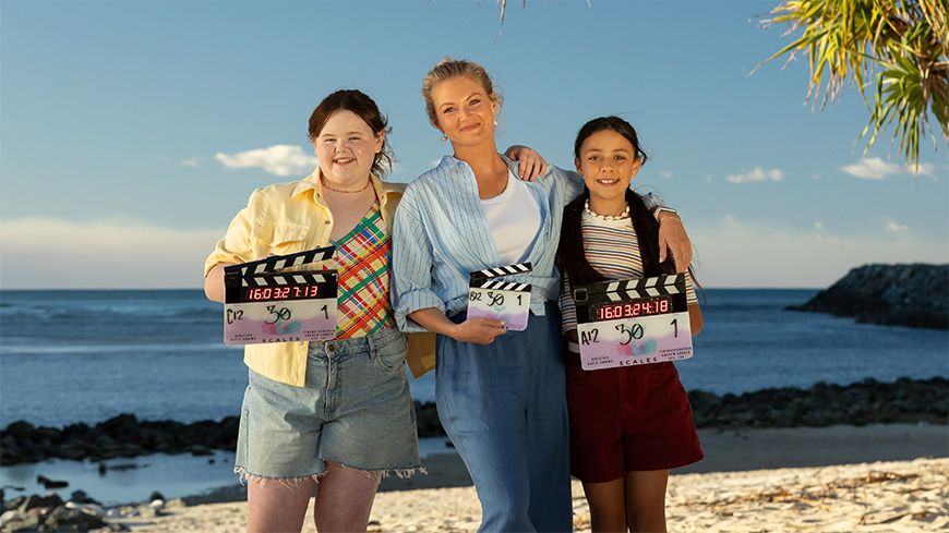Left To Right Mira (Lizzie Violet), Hana (Maddie Young), Pipa (Cariba Heine)_I8A5290_870x489px Scales, Australian children's content, Australian films, Make it Australian, Werner Film Productions, Stan