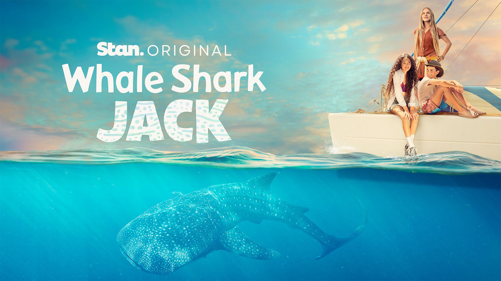 Three people sit on the edge of a sailboat, enjoying a sunny day at sea. Below the surface, a large whale shark swims gracefully through the clear blue water, while the title